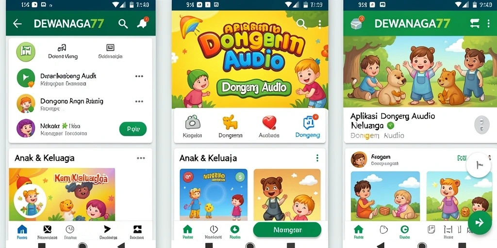 Tampilan antarmuka DEWANAGA77 yang ramah anak saat memilih dongeng audio.